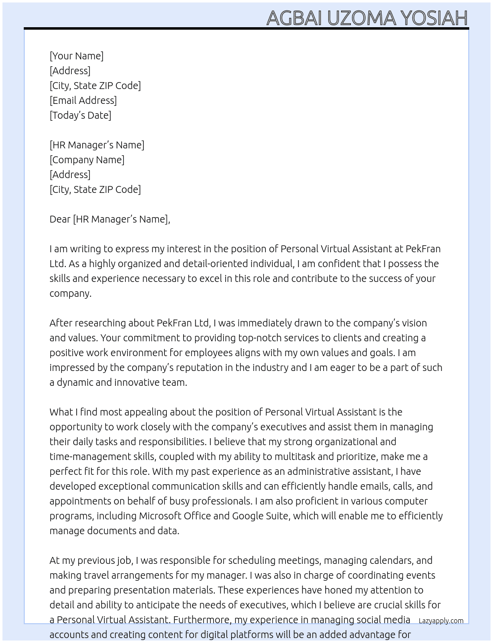 Personal Virtual Assistant At PekFran Ltd Cover Letter
