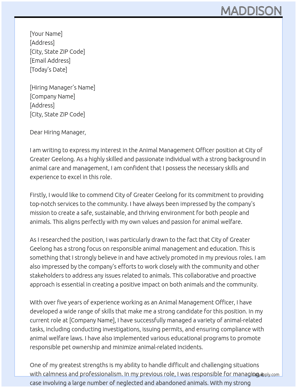 Animal Management Officer  At City Of Greater Geelong Cover Letter