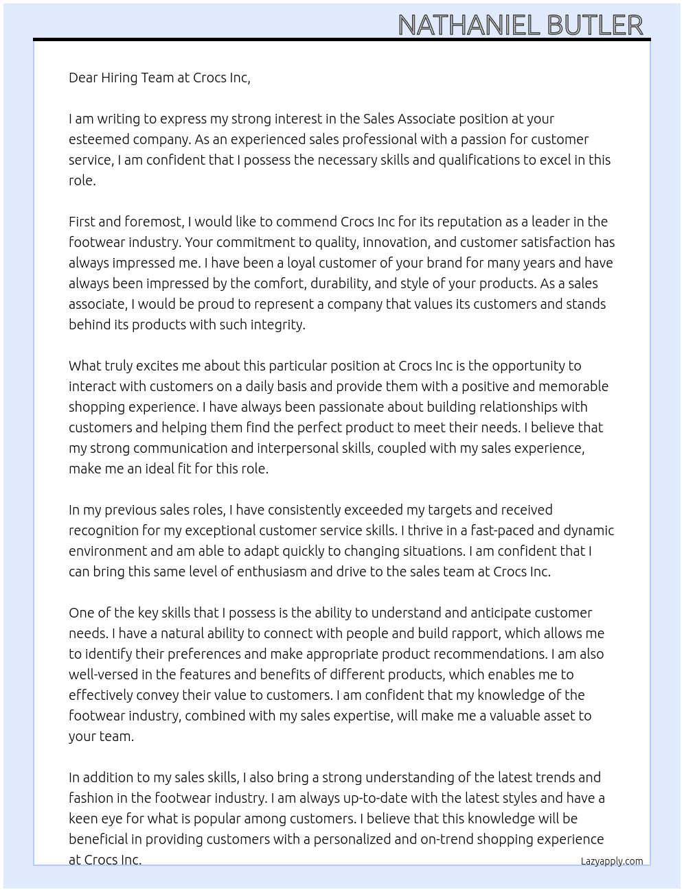 Sales Associate At Crocs Inc Cover Letter