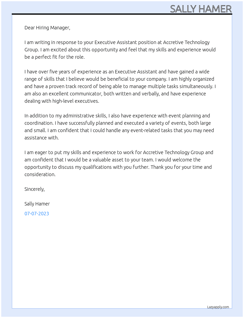 Executive Assistant At Accretive Technology Group Cover Letter
