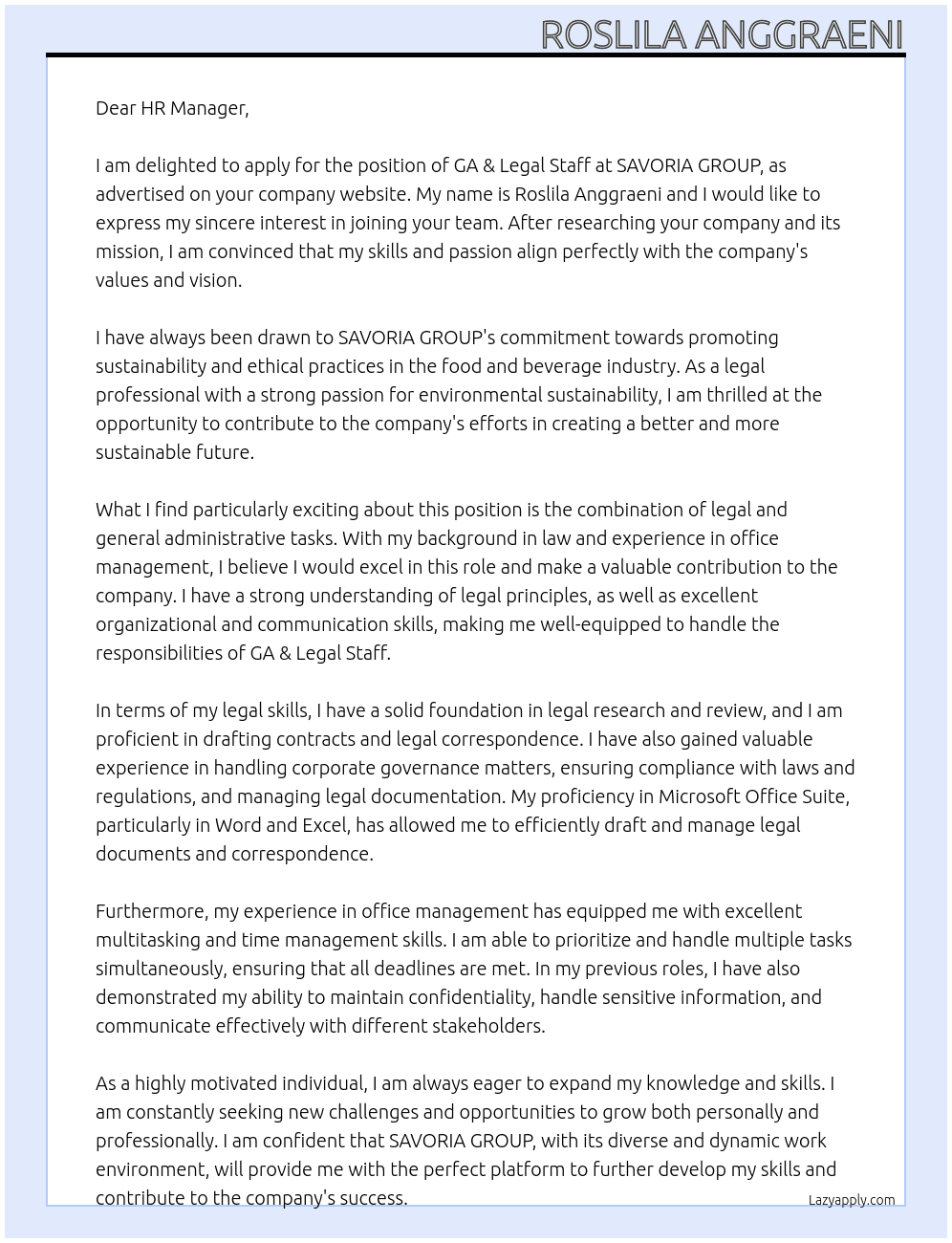 GA & Legal Staff At SAVORIA GROUP Cover Letter