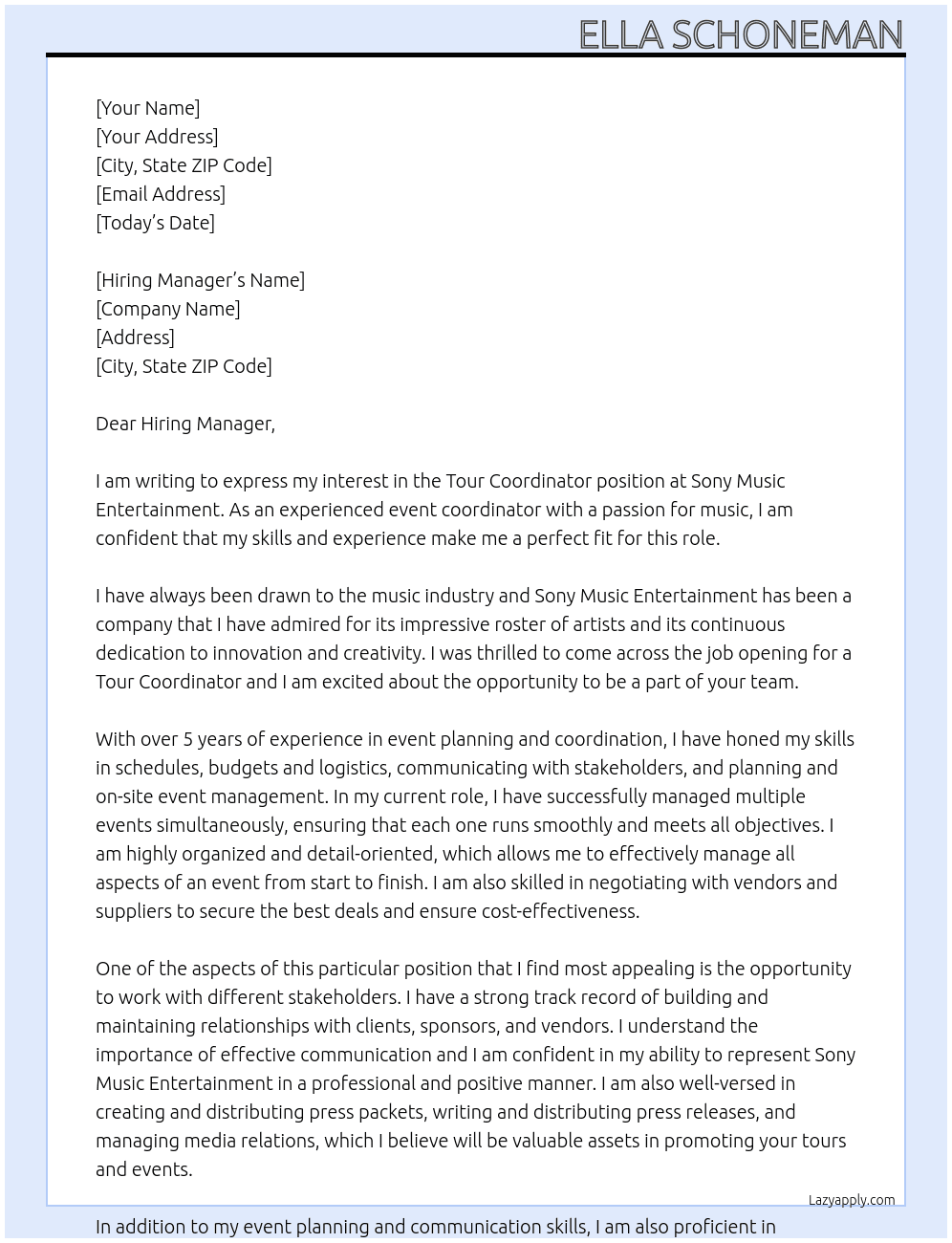 Tour Coordinator At Sony Music Entertainment Cover Letter