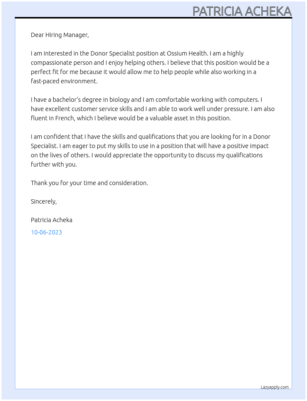 Donor Specialist At Ossium Health Cover Letter