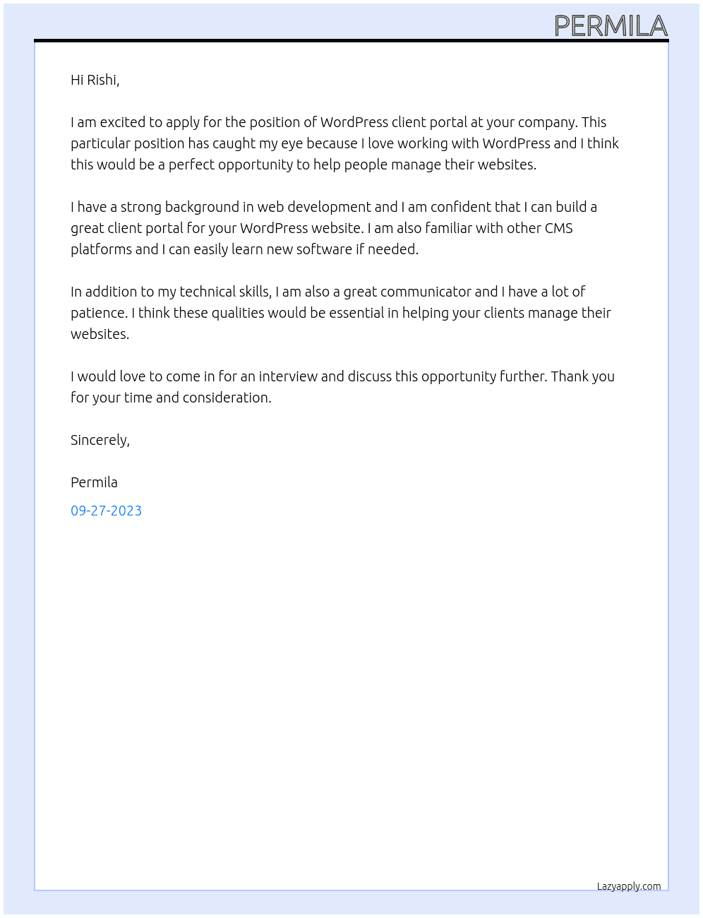 WordPress client portal At rishi Cover Letter