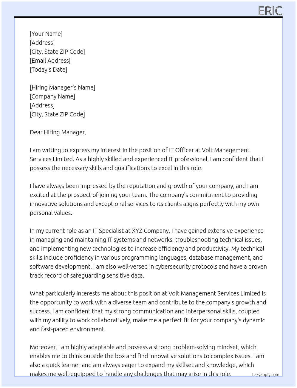 IT Officer At Volt Management Services Limited Cover Letter