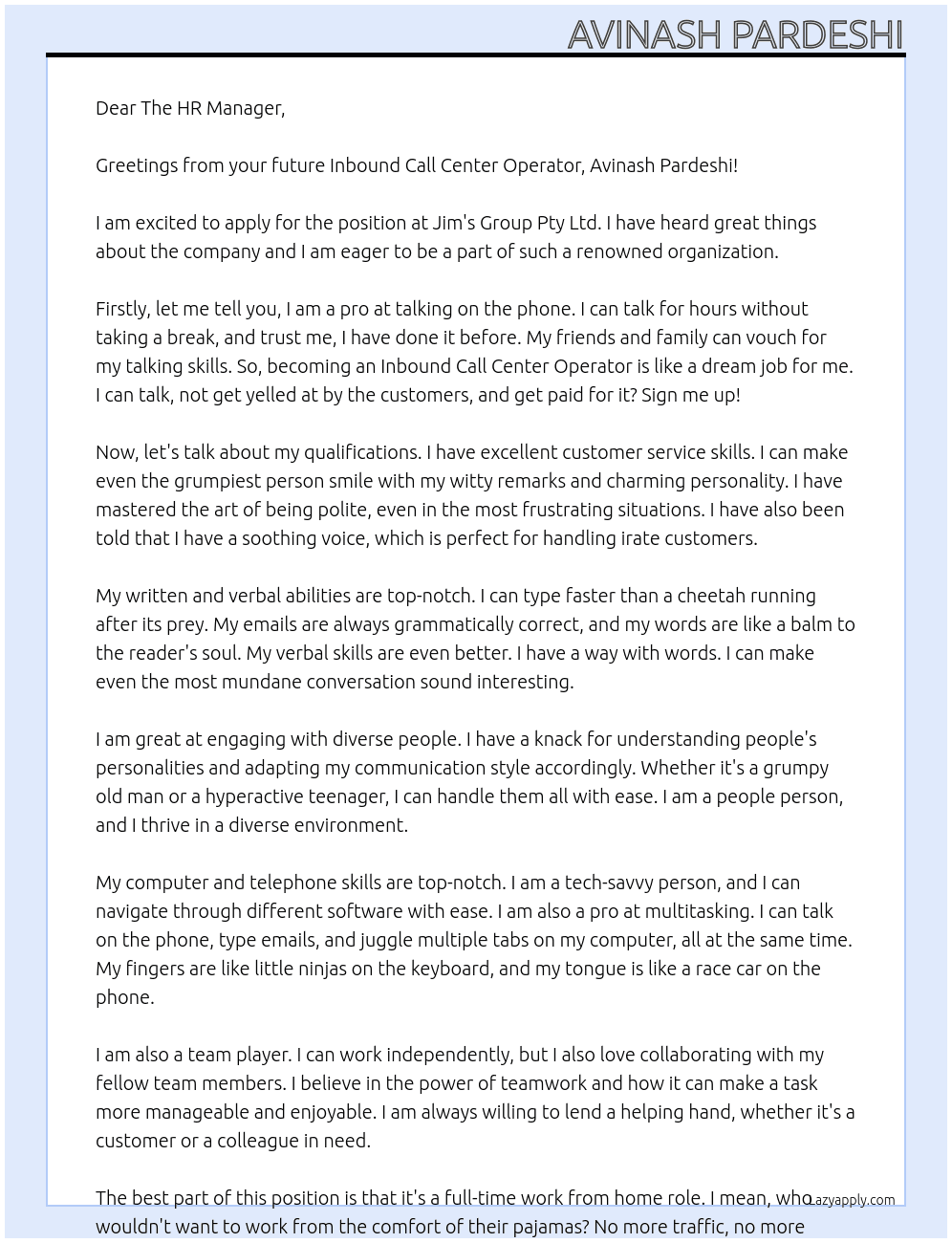 Inbound Call Center Operator -Work from home At Jim's Group Pty Ltd Cover Letter