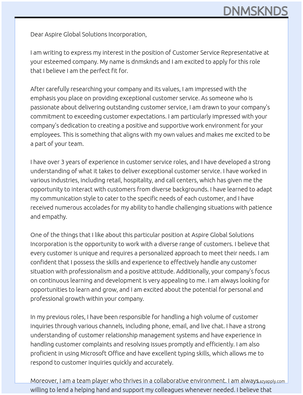 Customer Service Representative At Aspire Global Solutions Incorporation Cover Letter