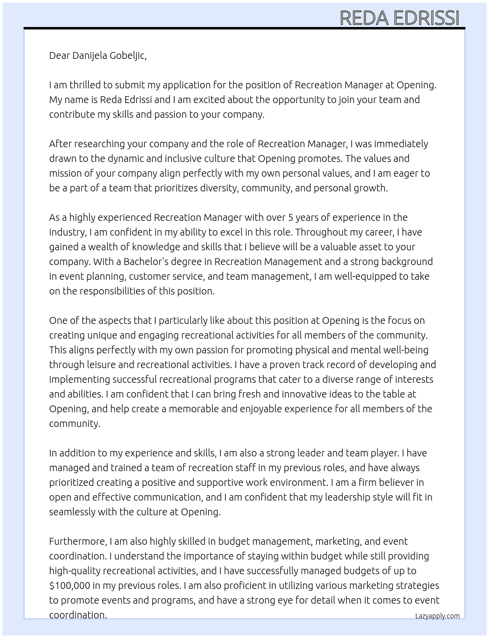 Recreation Manager  At Opening  Cover Letter