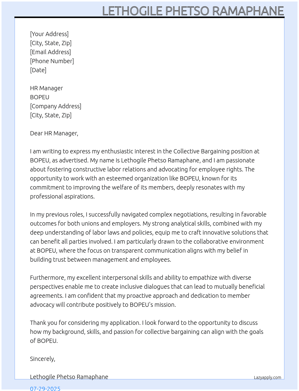Collective BargainingL At BOPEU Cover Letter