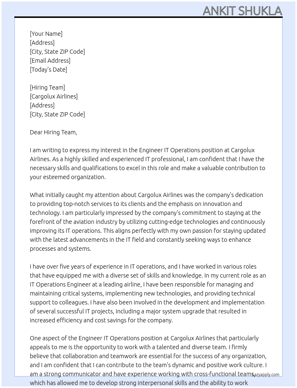 Engineer IT Operations At Cargolux Airlines Cover Letter