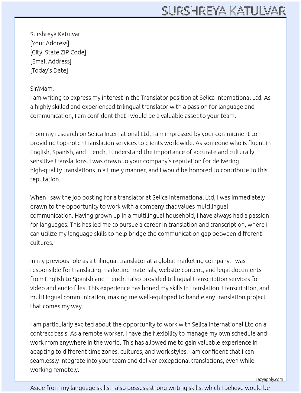 translator At Selica International Ltd Cover Letter