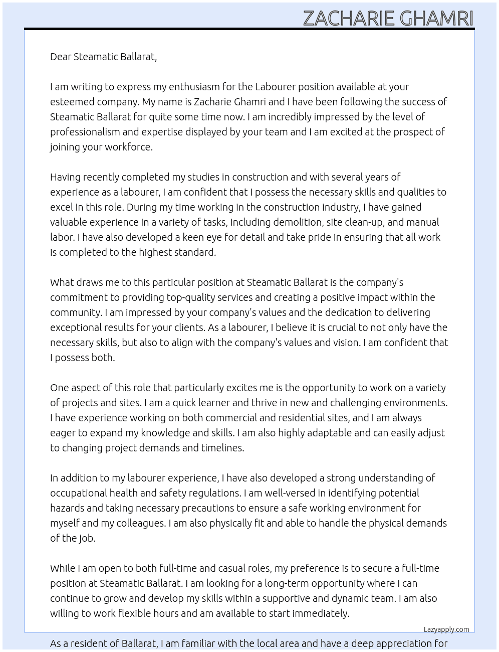 Labourer At Steamatic Ballarat Cover Letter