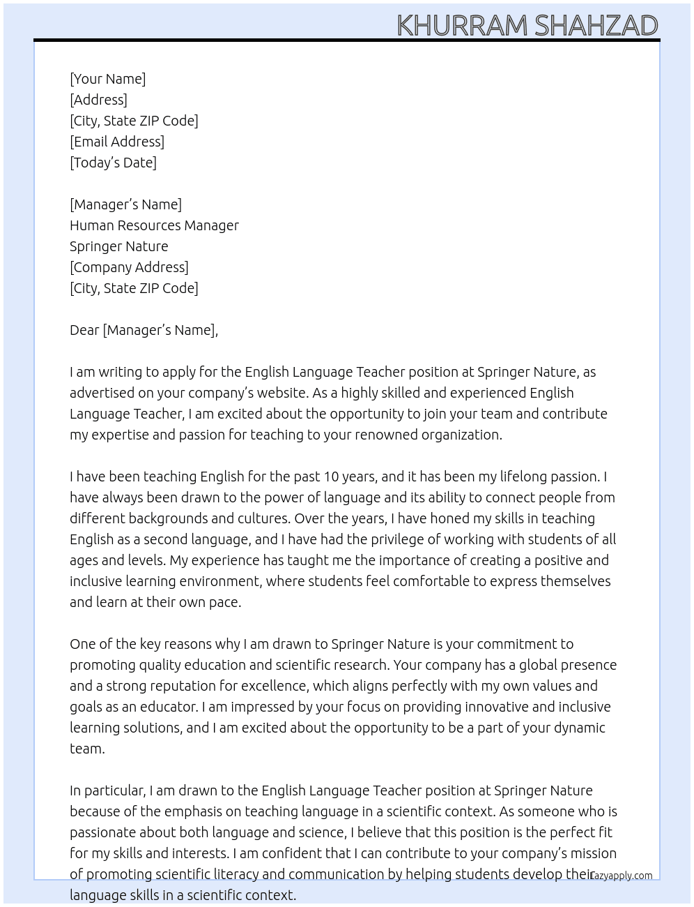 English Language Teacher At Springer Nature Cover Letter