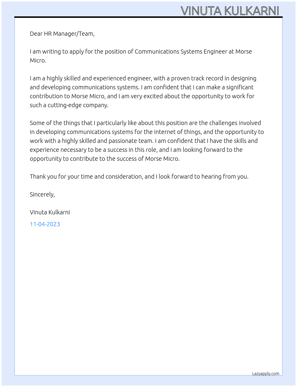 Communications Systems Engineer  At Morse Micro- Bengaluru, Karnataka, India Cover Letter