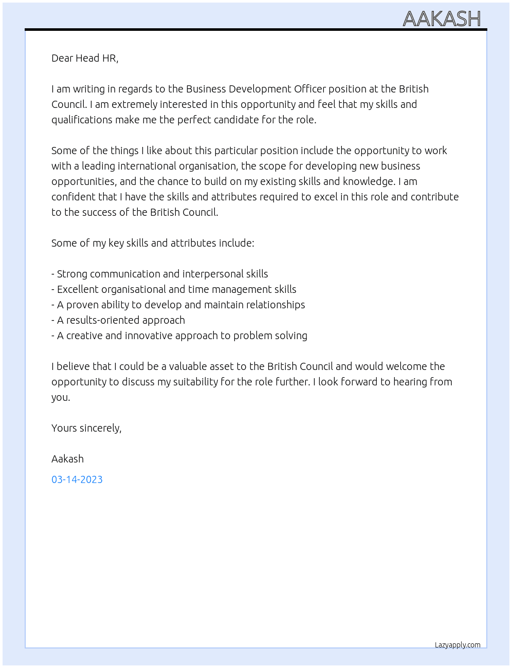 Business Development Officer At British Council Cover Letter