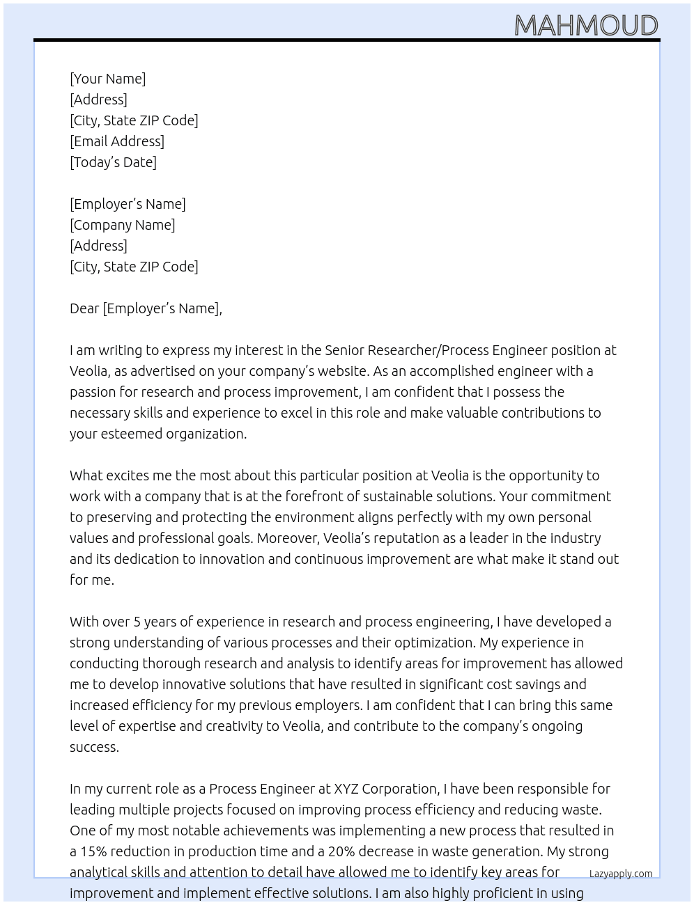 Senior Researcher/Process Engineer At Veolia Cover Letter