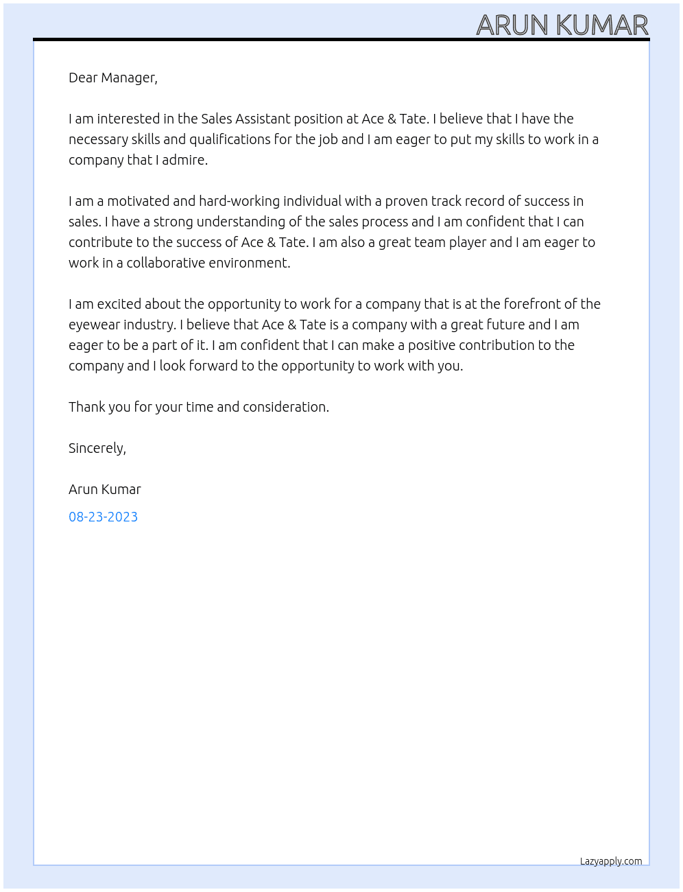 Sales Assistant At Ace & Tate Cover Letter