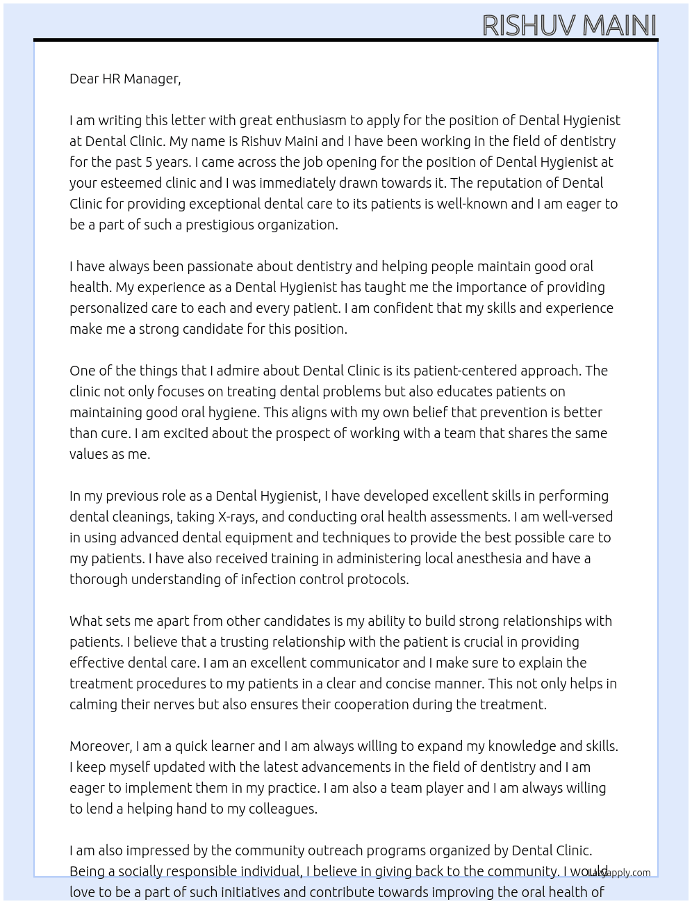 Dental Hygienist  At Dental Clinic Cover Letter
