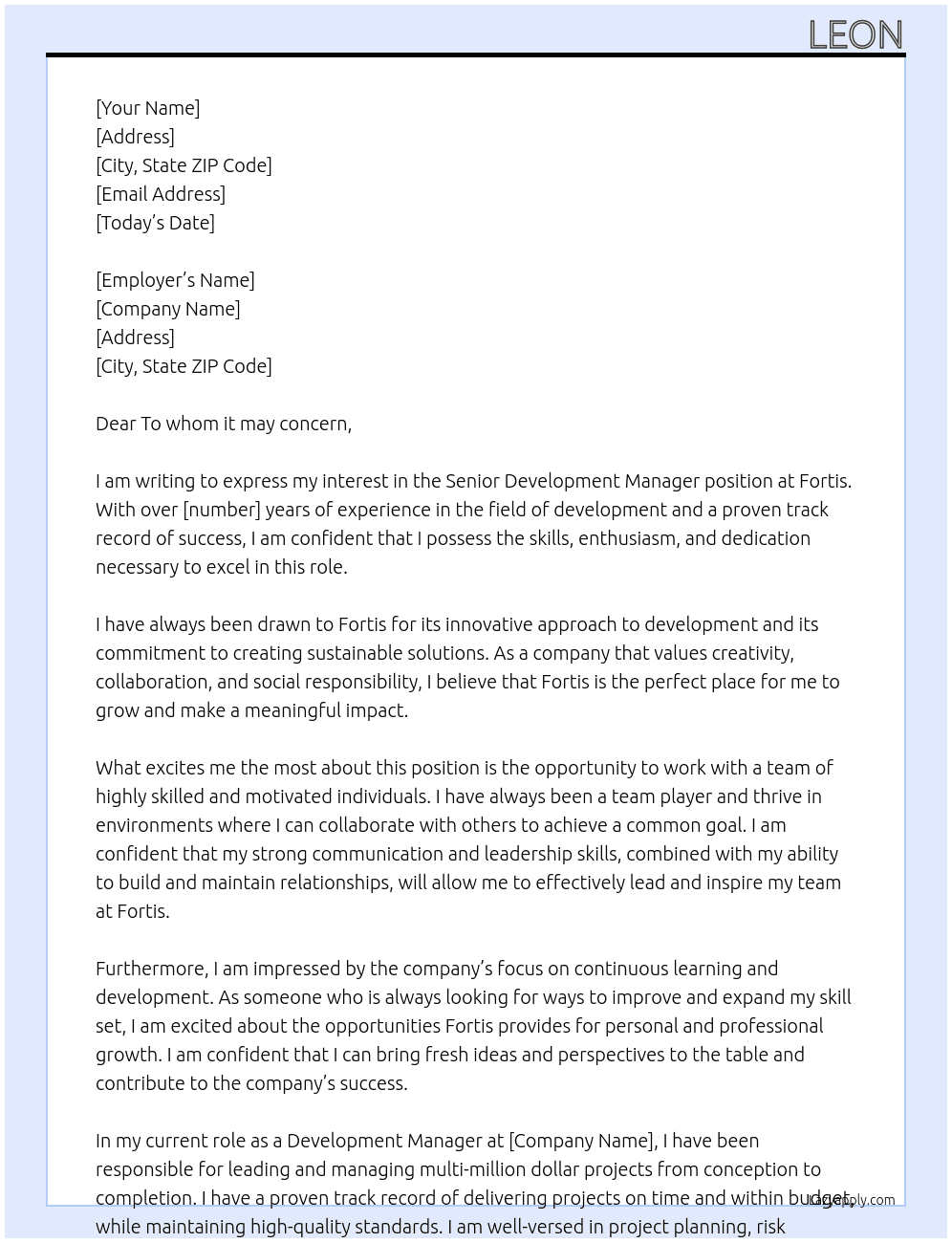 Senior development manager  At Fortis  Cover Letter