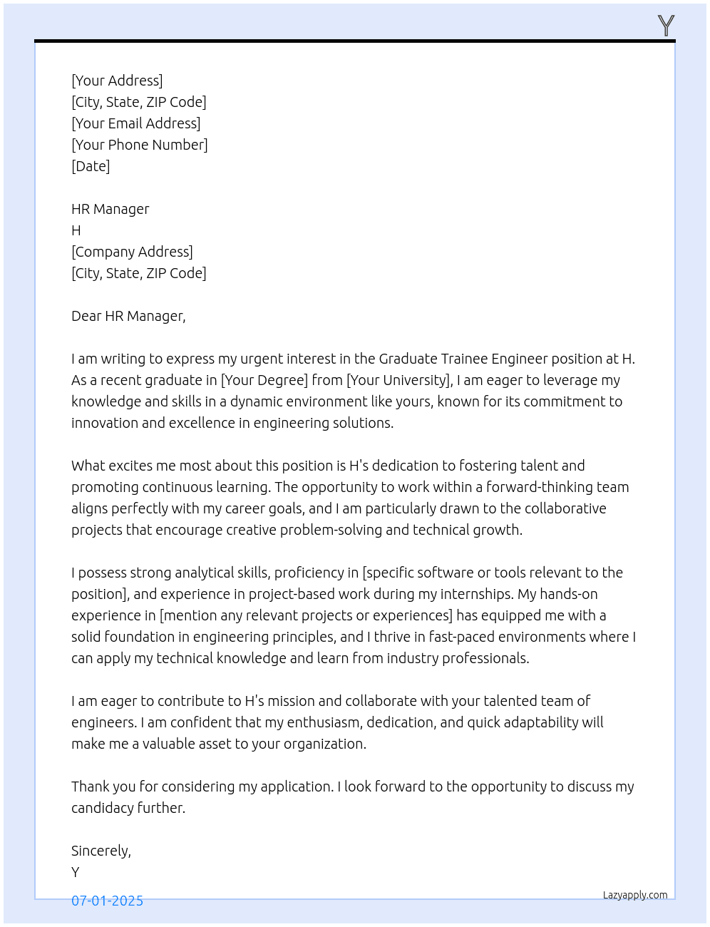 Graduate Trainee Engineer At h Cover Letter