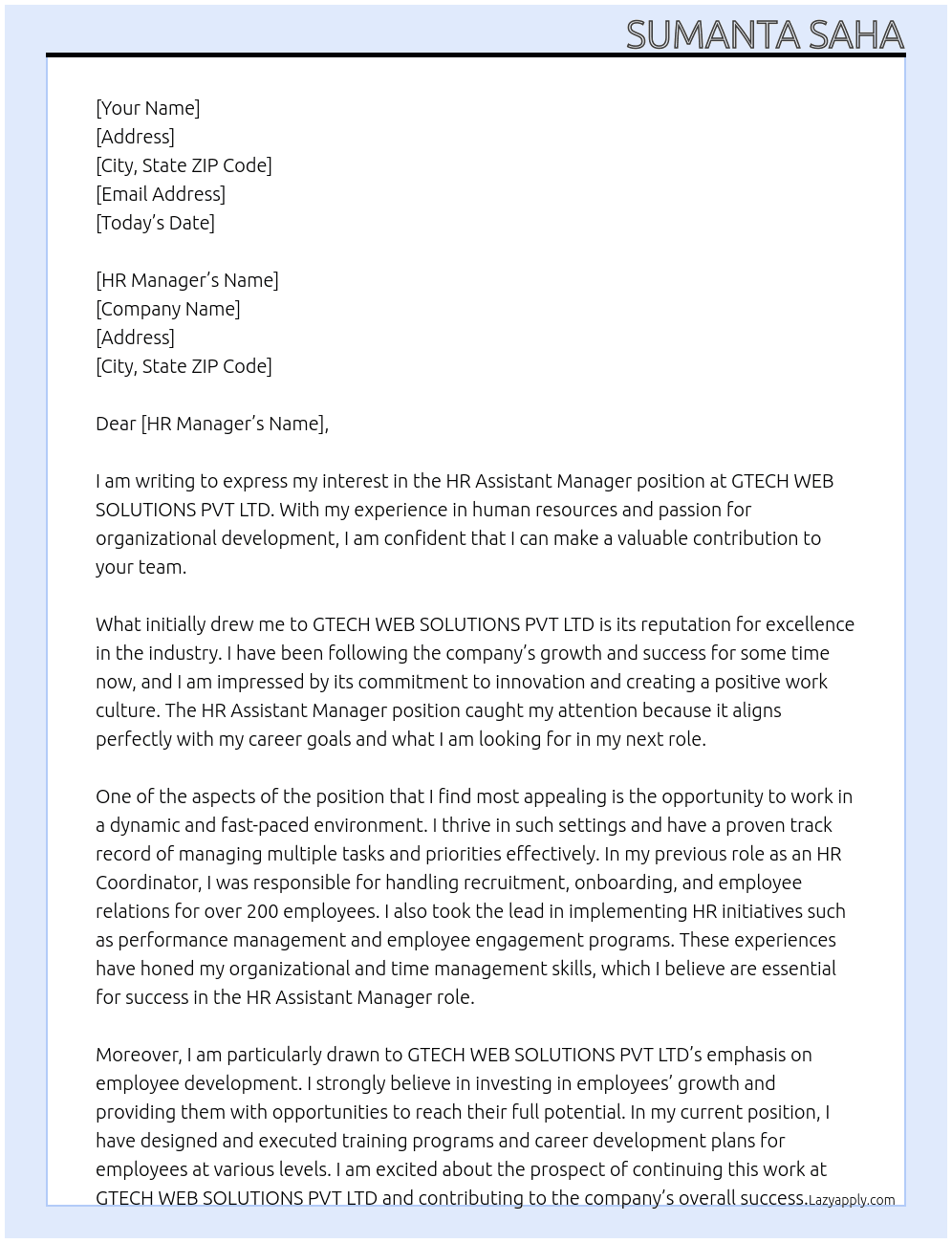 HR Assistant Manager At GTECH WEB SOLUTIONS PVT LTD Cover Letter
