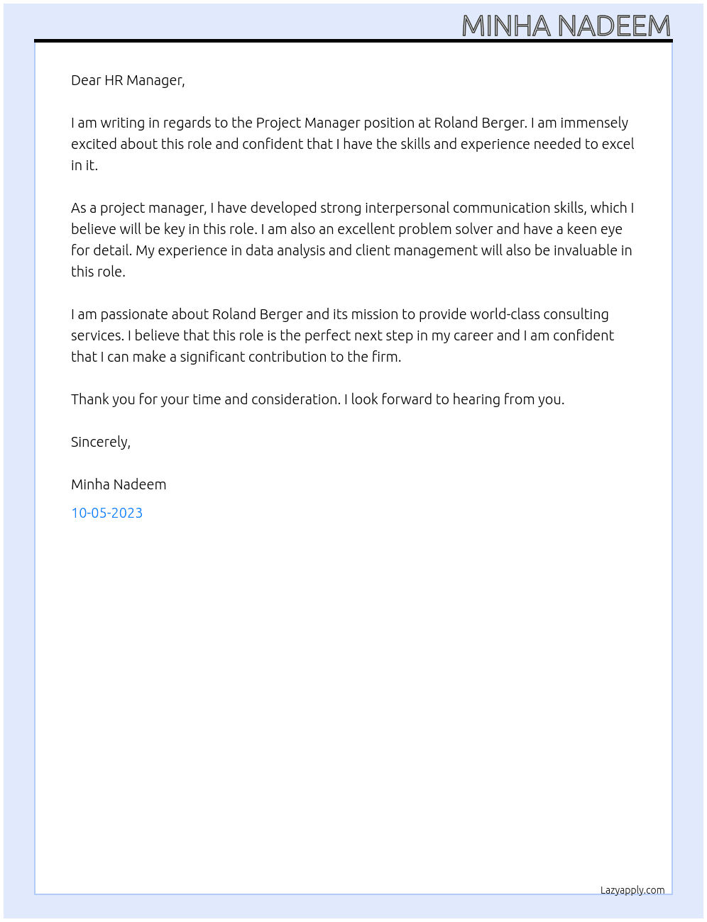 Project Manager At Roland Berger Cover Letter