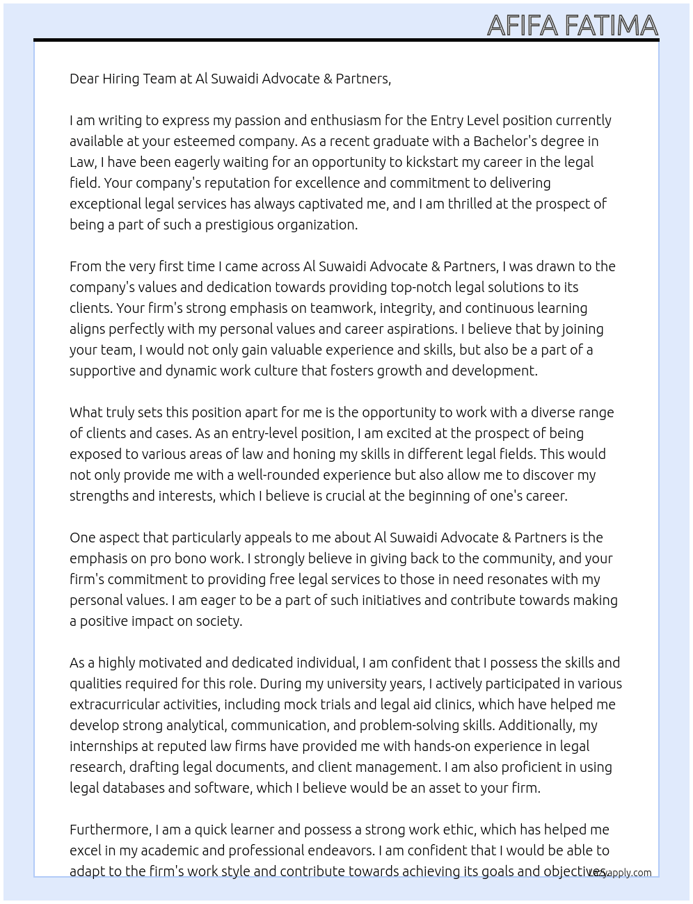 Entry level At Al suwaidi advocate & partners Cover Letter