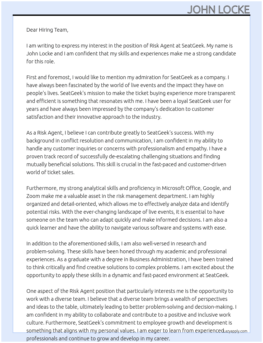 Risk Agent At SeatGeek Cover Letter