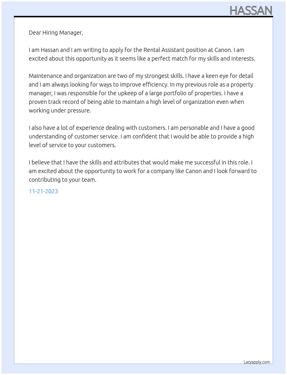 Rental Assistant At Canon Cover Letter