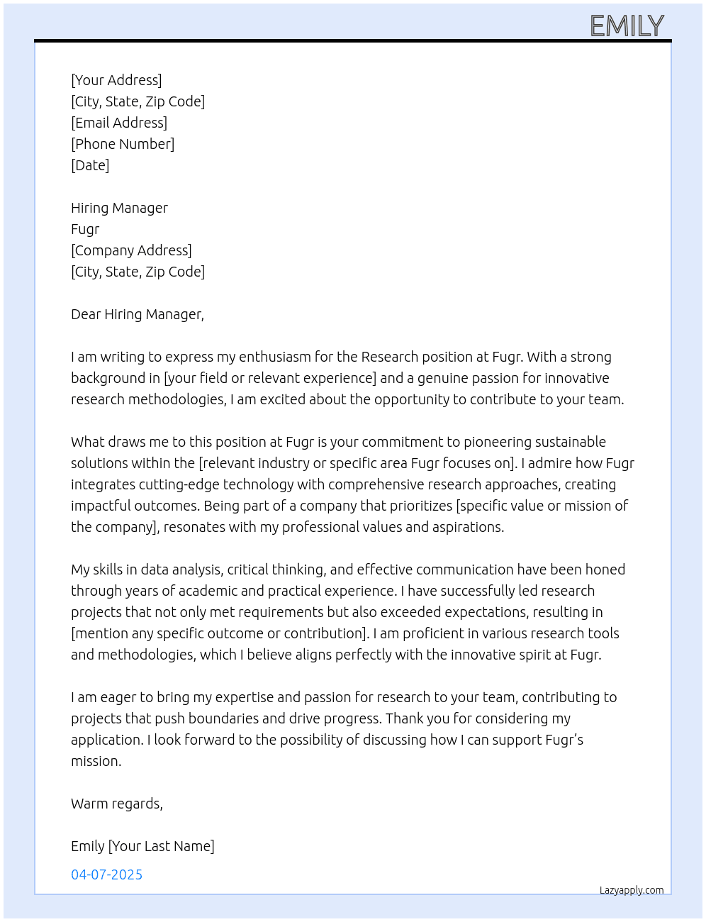 Research  At Fugr Cover Letter