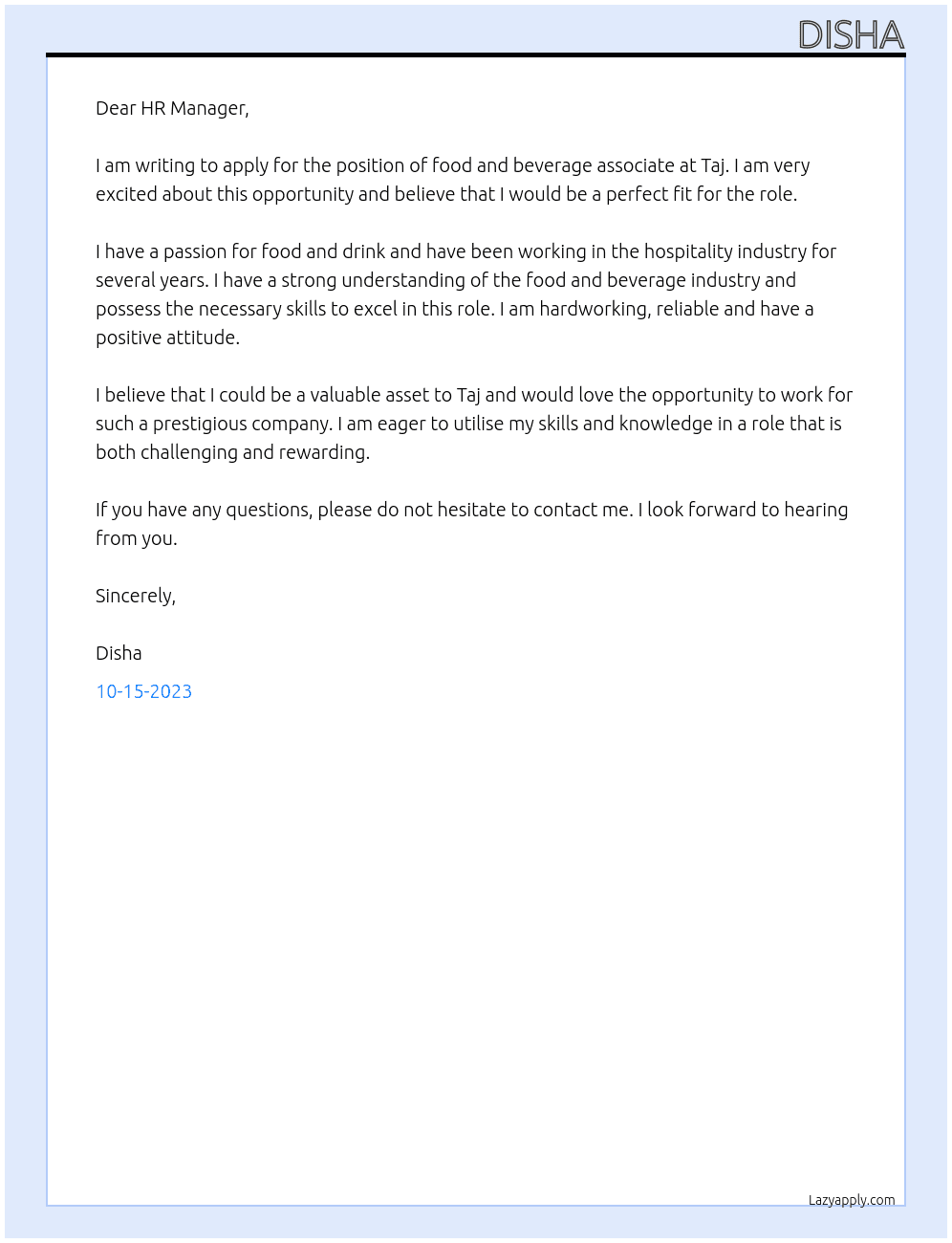 food and beverage associate At taj Cover Letter