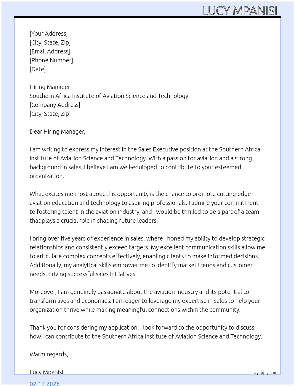 Sales executive At Southern Africa institute of aviation science and technology Cover Letter