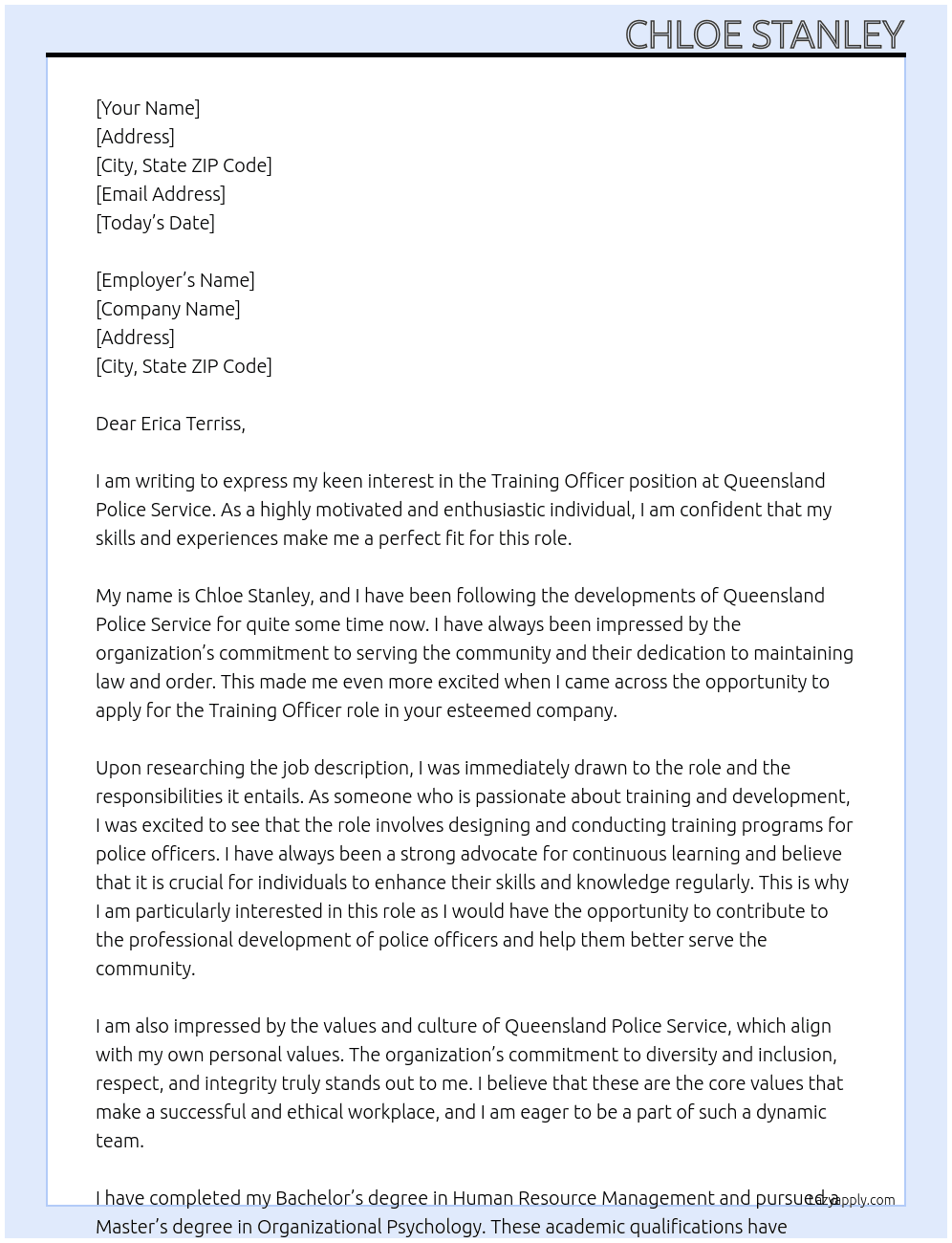 Training Officer At Queensland Police Service Cover Letter