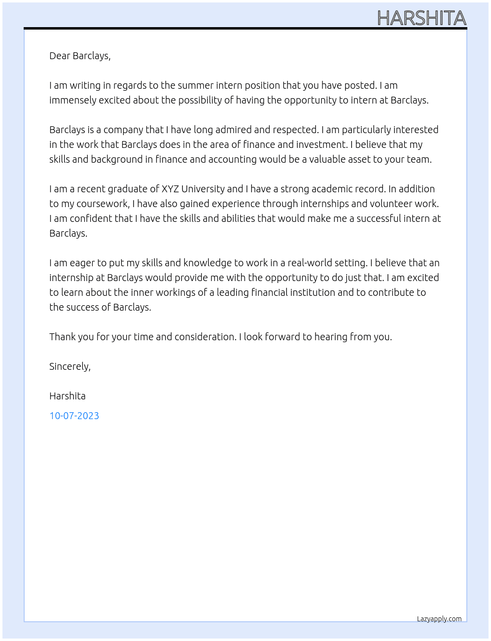 summer intern At Barclays Cover Letter
