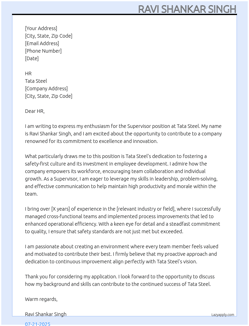 Supervisor At Tata Steel Cover Letter