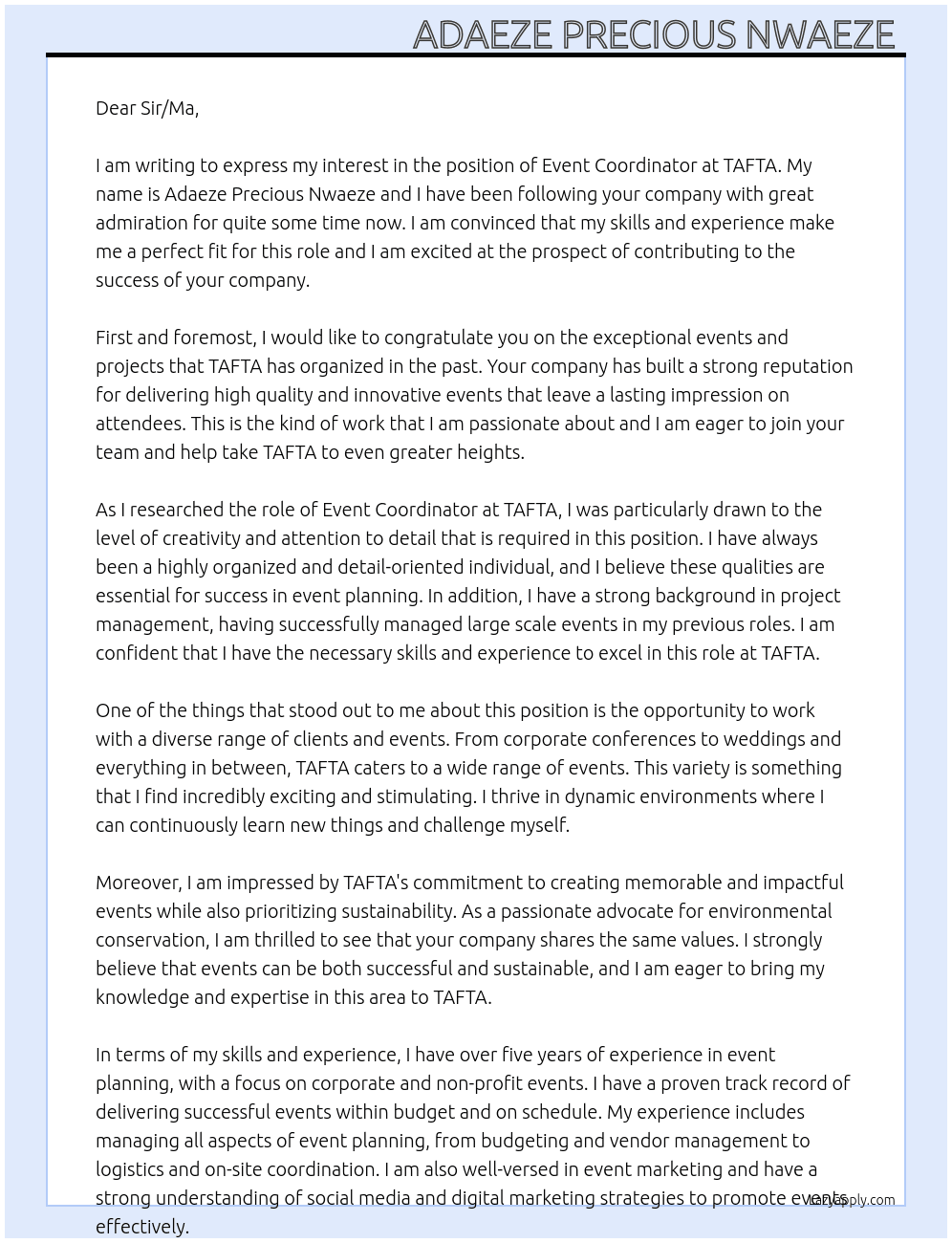 Event coordinator  At TAFTA  Cover Letter