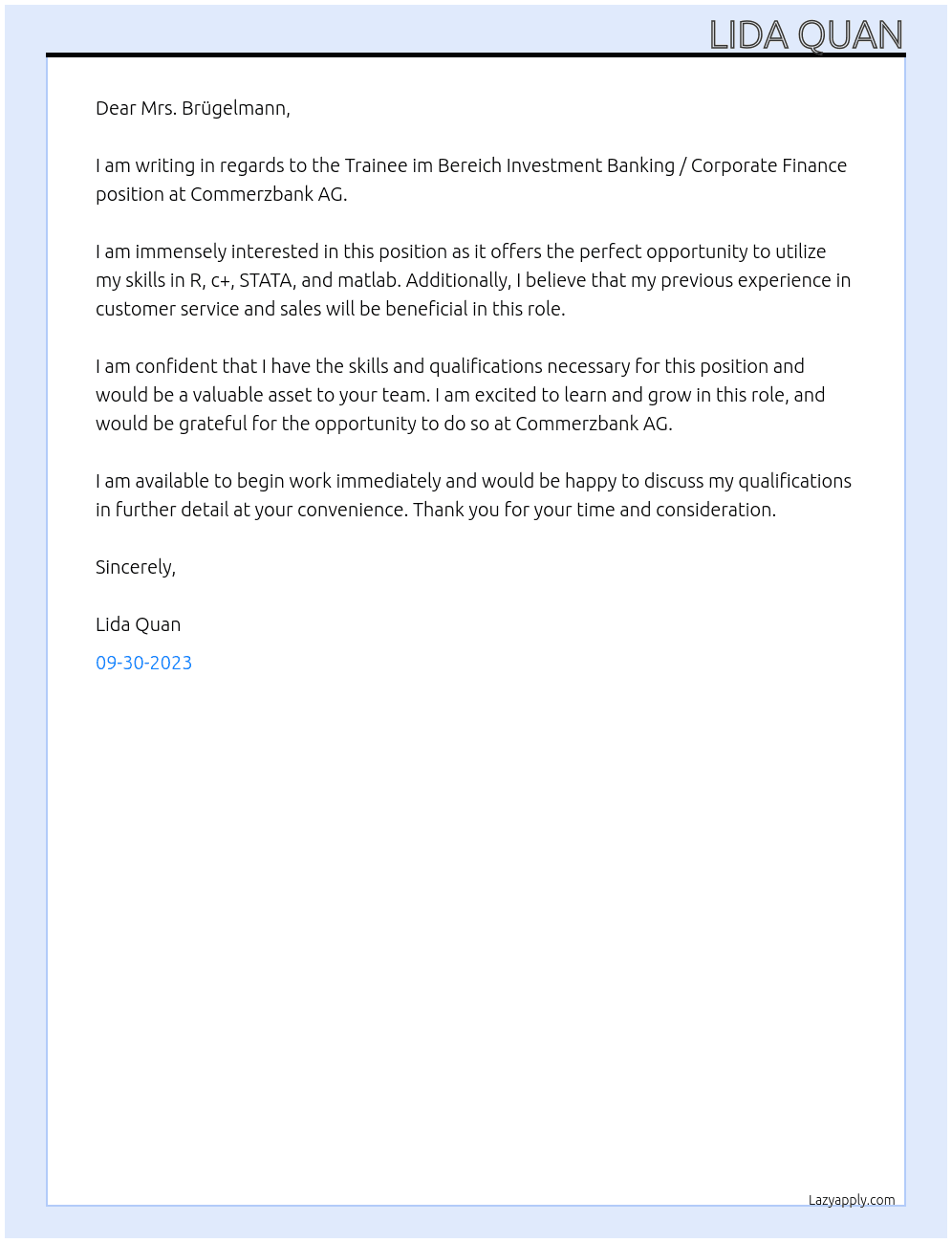 Trainee im Bereich Investment Banking / Corporate Finance At Commerzbank AG Cover Letter