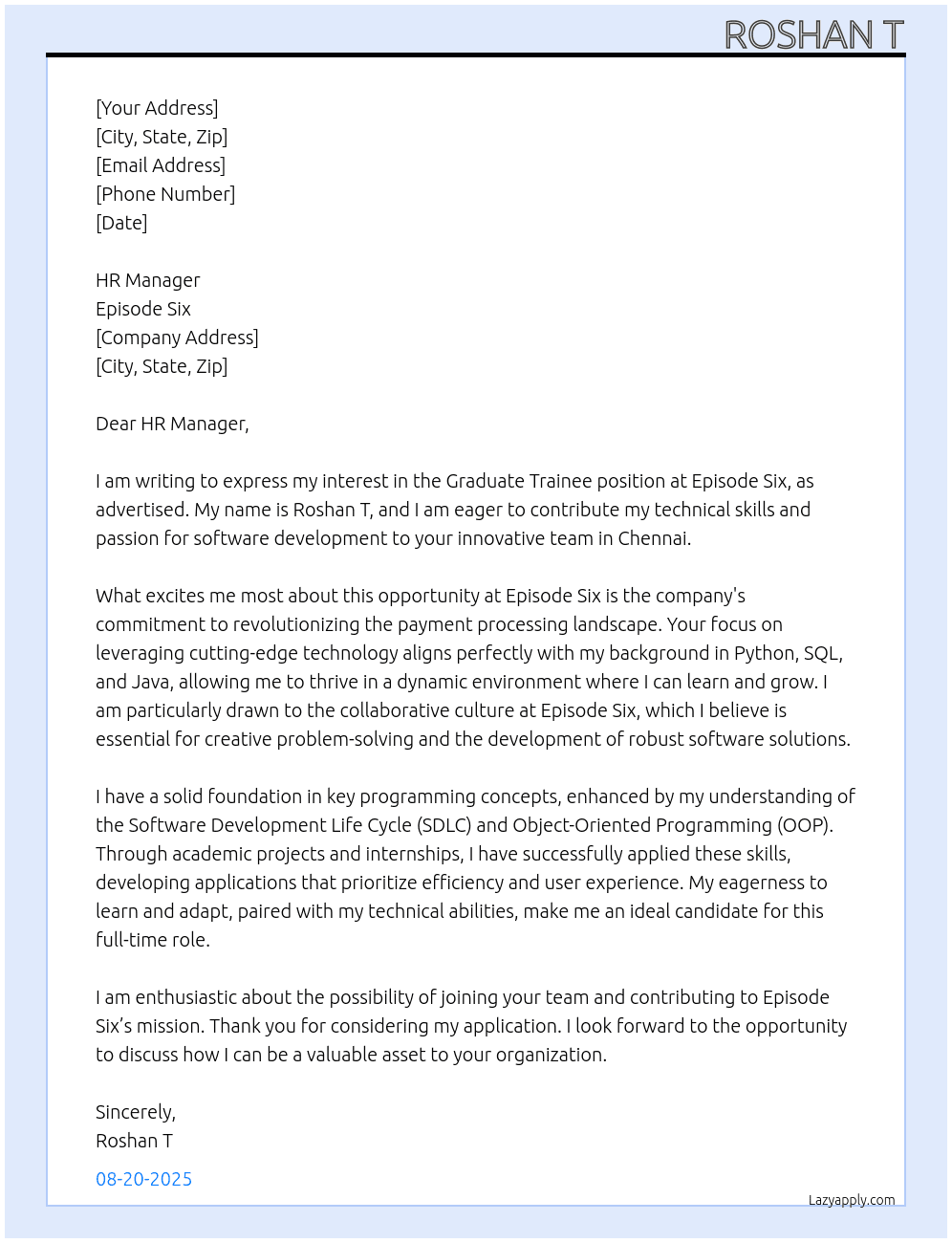 Graduate Trainee At Episode Six  Cover Letter