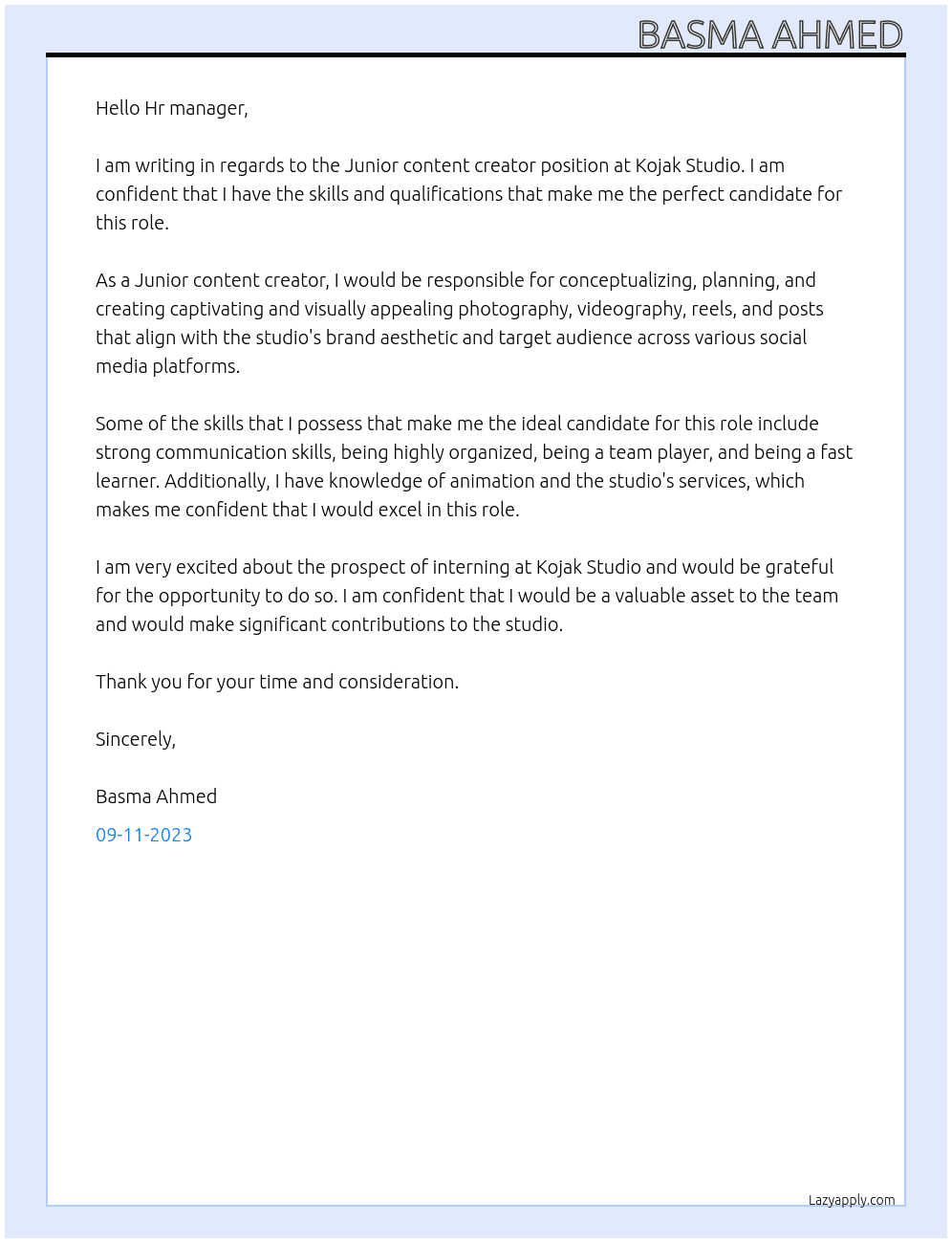 Junior content Creator At Kojak Studio Cover Letter