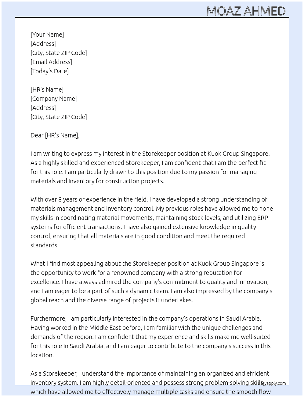 STORE KEEPER At Kuok Group Singapore Cover Letter