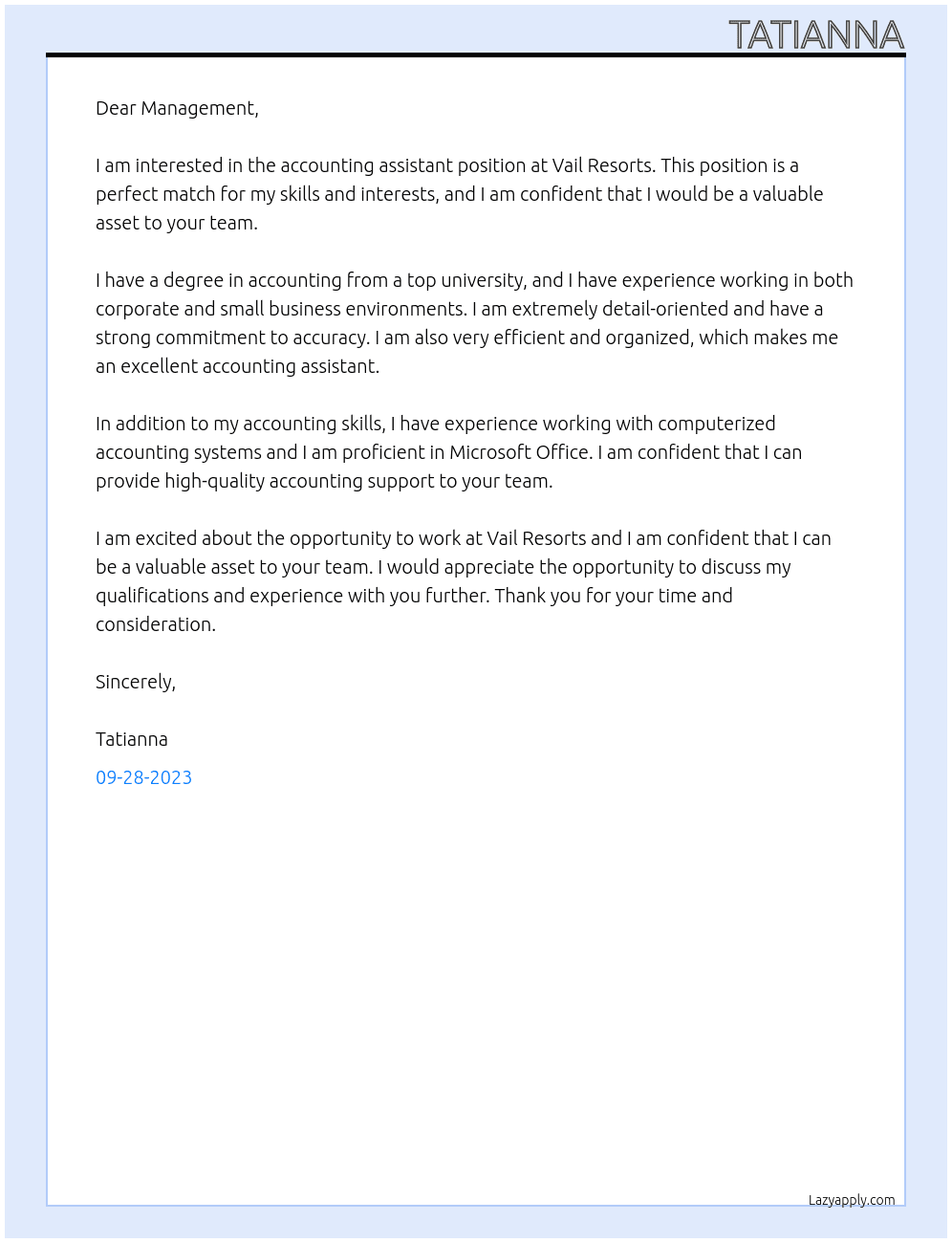 Accounting assistant At Vail Resorts Cover Letter