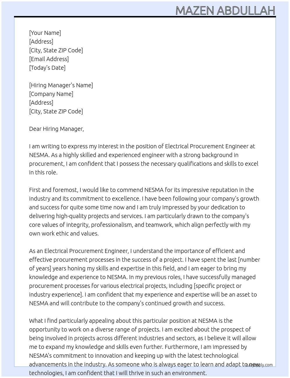 Electrical Procurement Engineer At NESMA  Cover Letter