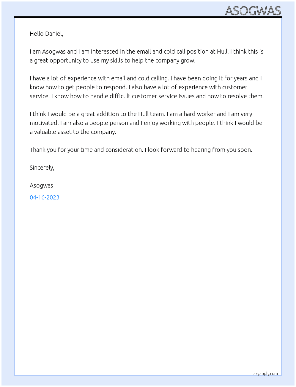 Email and cold call At Hull Cover Letter