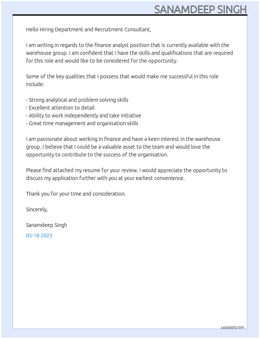 finance analyst At the warehouse group Cover Letter