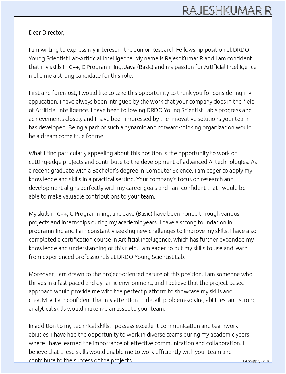 Junior Research fellowship Position  At DRDO Young Scientist Lab-Artificial Intelligence  Cover Letter
