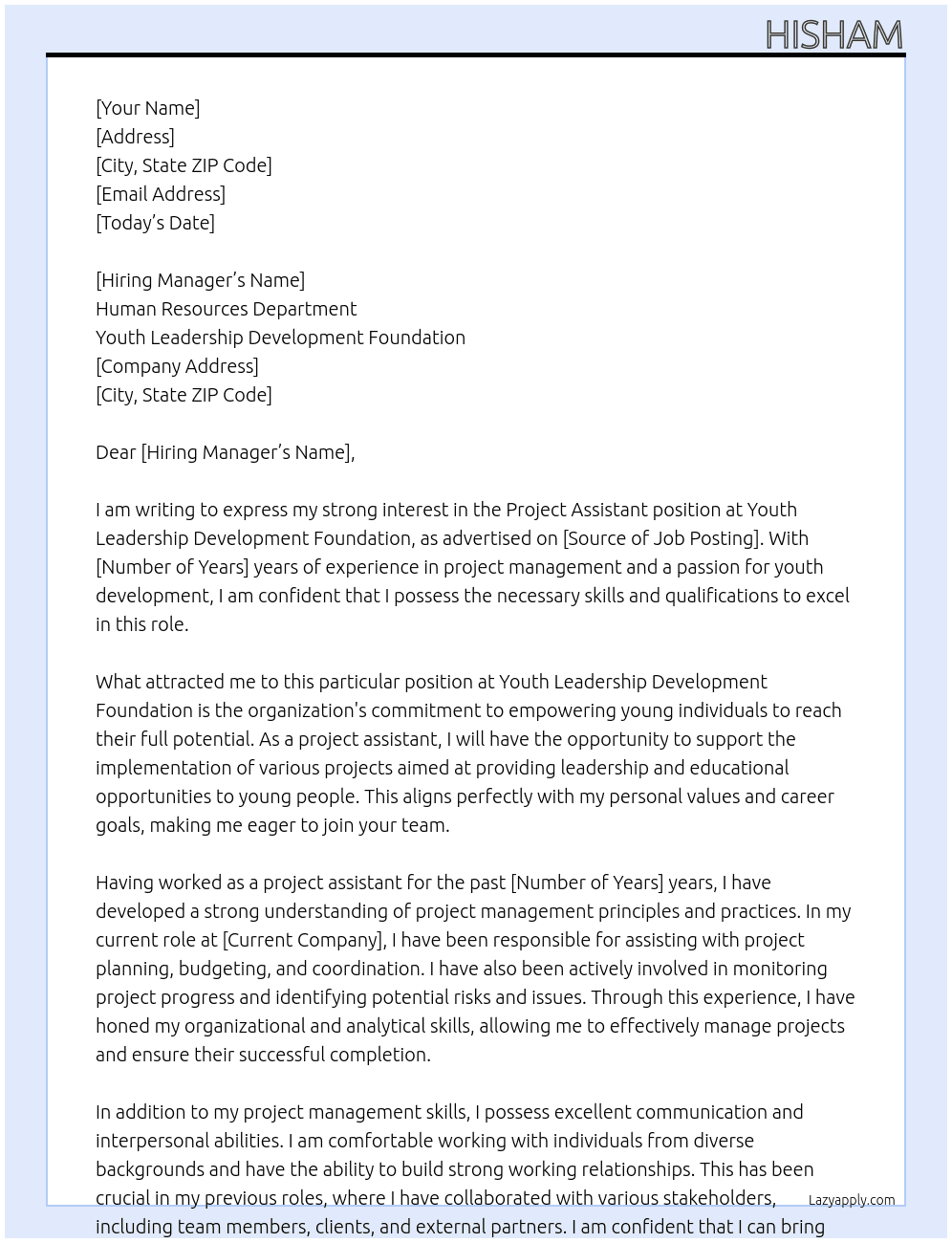 Project Assistant  At  Youth Leadership Development Foundation Cover Letter