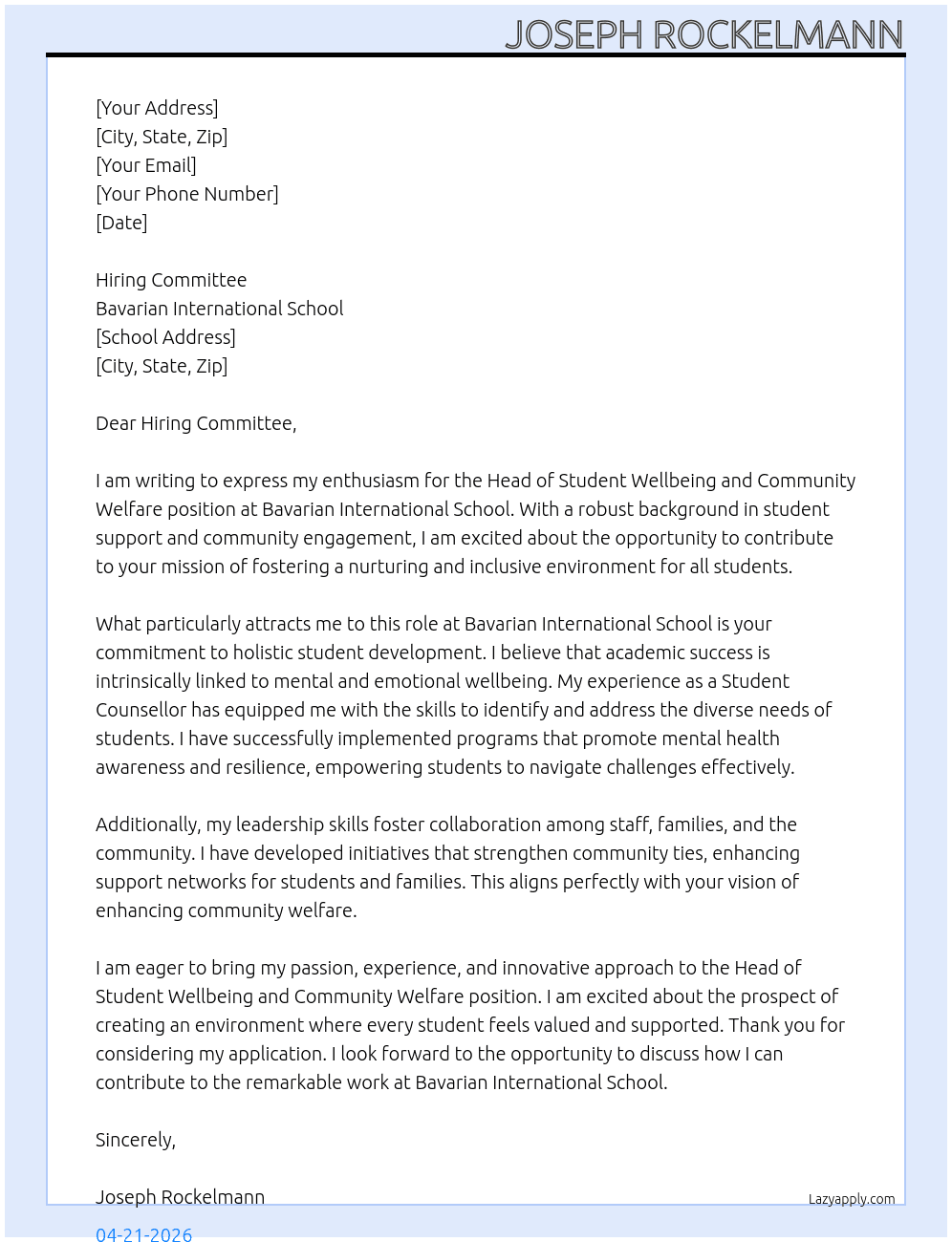 Head of Student Wellbeing and Community Welfare At Bavarian International School Cover Letter