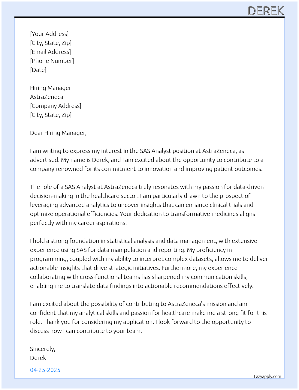 sas analyst At Astra Zeneca Cover Letter