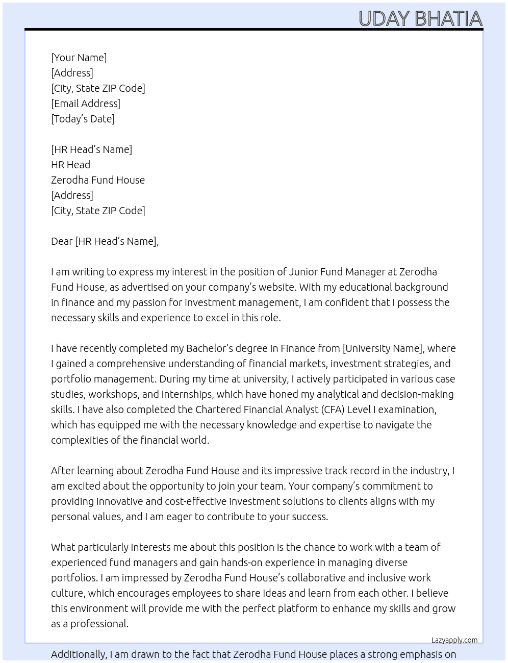 Junior Fund Manager At Zerodha Fund House Cover Letter