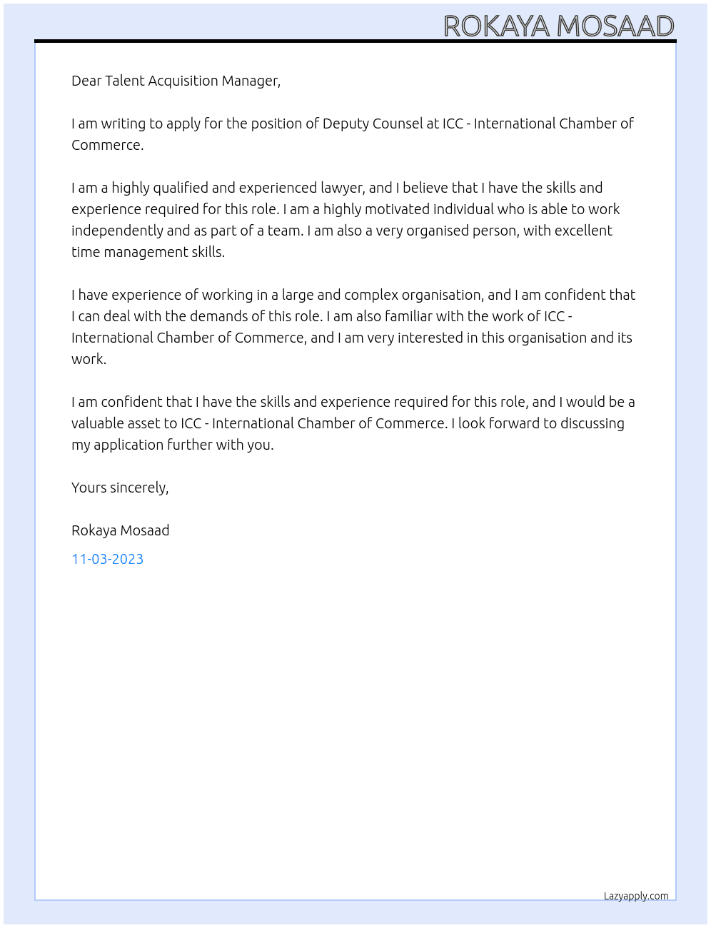 Deputy counsel At ICC - International Chamber of Commerce Cover Letter